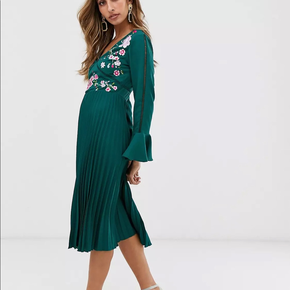 ASOS DESIGN embroidered pleated midi dress
